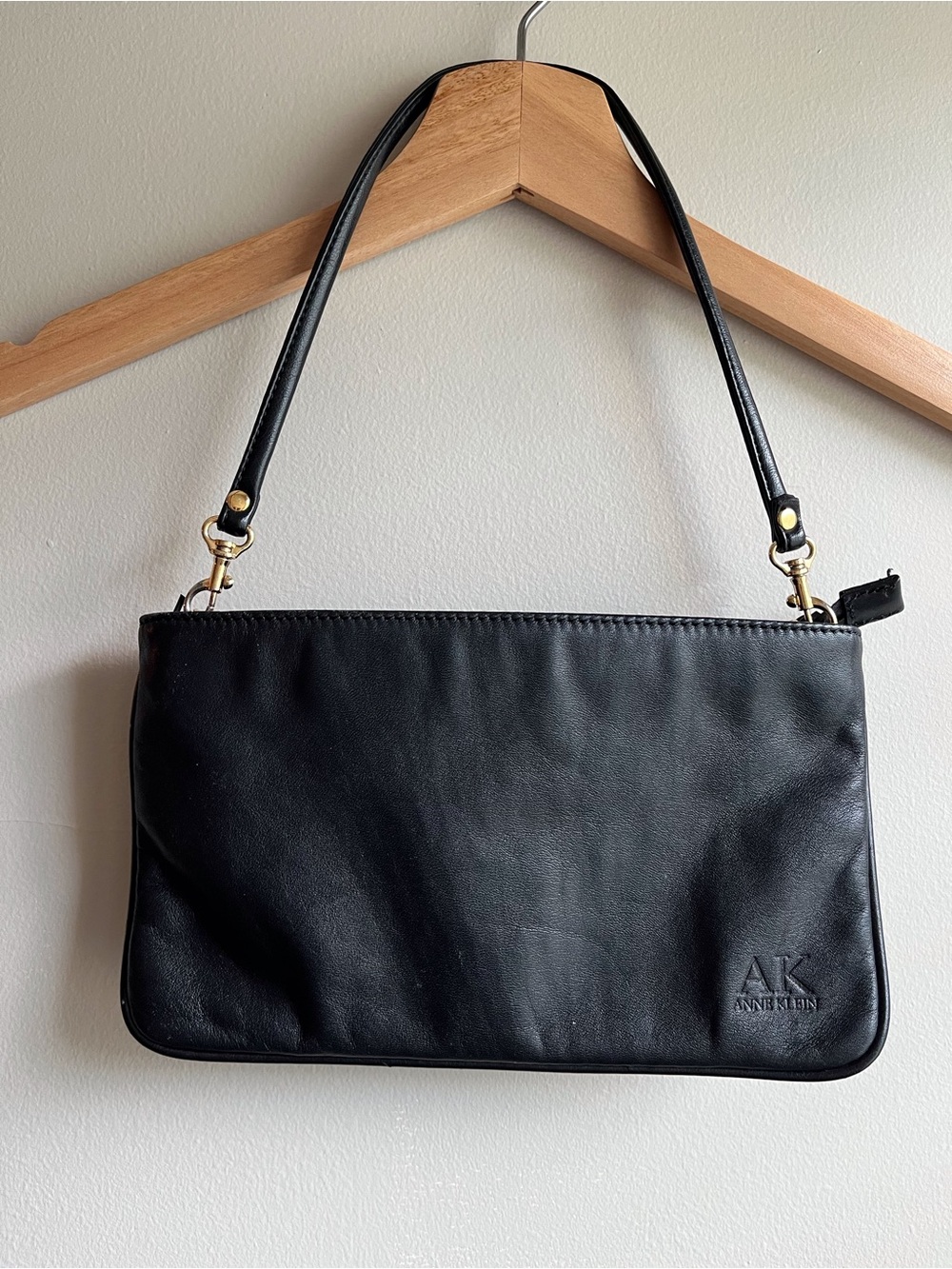 Anne Klein Black Leather Shoulder Clutch Bag with Gold Hardware